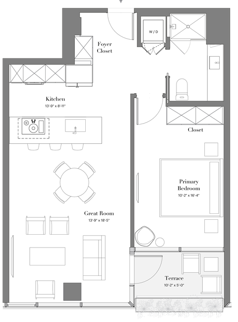 Floor plan for 1 bed, 1 bath, 728 sqft
